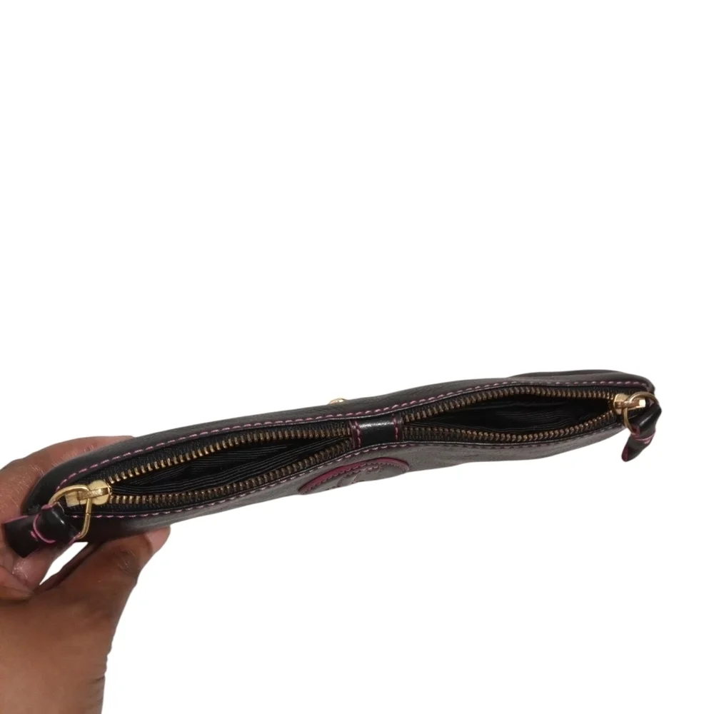 Juicy Couture Black Leather Kiss Lock Bow Clutch Wallet Gold Logo Evening